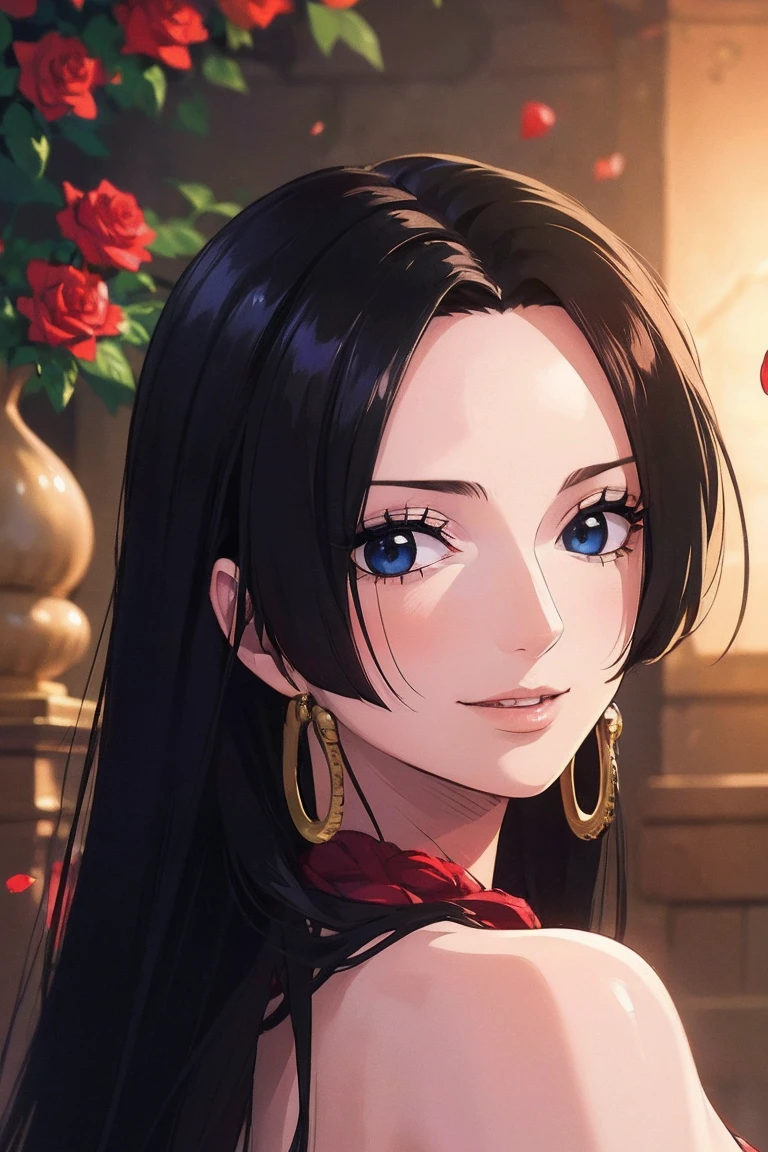 best quality, masterpiece, highly detailed,1girl,  ((rose)), (vine), cage, bandage, red rope, (detail light), falling rose petals, Boa Hancock,, (masterpiece:1.5), Detailed Photo, Smiling,(8K, Photorealistic, Best Quality: 1.4), (1girl), Beautiful Face, (anime realistic Face), (Black Hair, long Hair: 1.3), Beautiful Hairstyle, Realistic eyes, beautiful detail eyes, (realistic skin), beautiful skin, (sweater), absurd, attractive, ultra high resolution, ultra realistic, high definition, golden ratio, backwards, looking back