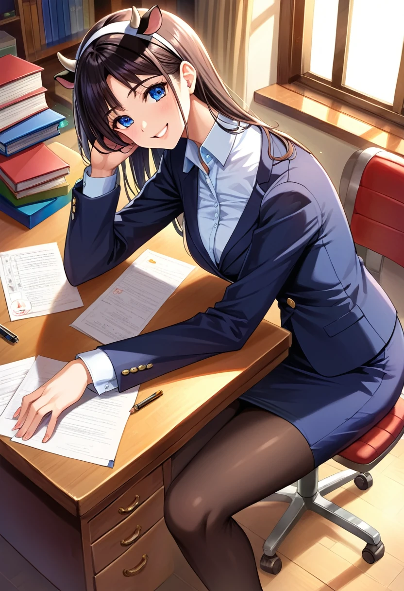 detailed illustration (side view),dynamic angle, ultra-detailed, illustration, clean line art, shading, anime, detailed eyes, detailed face, beautiful face, dramatic lighting, detailed illustration, dynamic angle, ultra-detailed, illustration,

Ultra HD, super high quality, masterpiece, detailed, 8K, The place is a business corner office, A office secretary in the room room,１Person sitting, hand singing documents, working at a desk, 30 year old female secretary, has long black hair, Has blue eyes, She has cow horns and a glamorous figure, The clothes she’s wearing are a camisole and a miniskirt, Knee-high, Pretty sexy, business clothes, anime girl, cow horns on head, cow ears, no human ears, anime woman, sitting in chair at desk, desk between her and viewer, handling viewer document. Sitting in chair behind desk, leaning forward onto desk, sunny farm outside window, smiling women, business casual suit, large breasts, breasts resting on desk, no human ears 