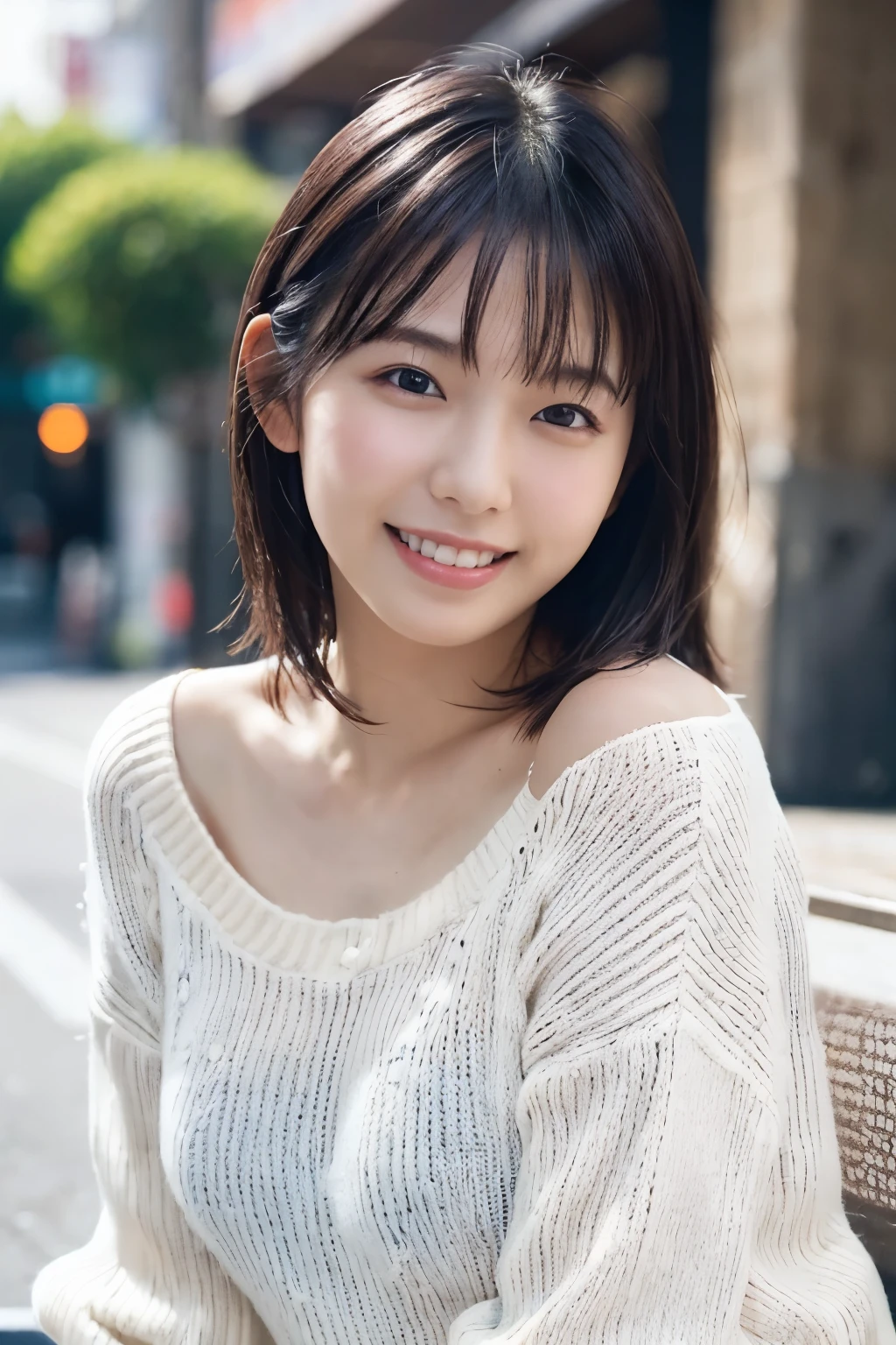 1 Girl, (Wearing a white summer sweater:1.2), Very beautiful Japanese idol portraits, 
(RAW Photos, Highest quality), (Realistic, Realistic:1.4), (masterpiece), 
Very delicate and beautiful, Very detailed, 2k wallpaper, wonderful, finely, Very detailed CG Unity 8K 壁紙, Very detailed, High resolution, Soft Light, 
Beautiful detailed girl, Very detailed目と顔, Beautiful and sophisticated nose, finelyて美しい目, Cinema Lighting, 
(I am doing gravure shoots for fashion magazines.....:1.3), (Outdoor),
(short hair), 
Complete Anatomy, Slender body, Small breasts, smile