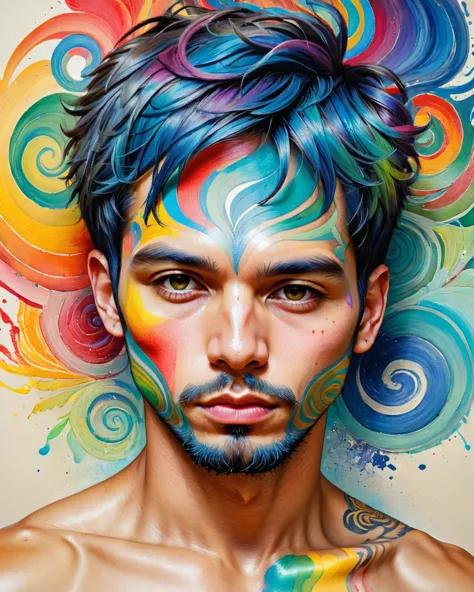 psychedelic style "a painting of a man with colorful paint on his face, detailed colorized portrait, portrait of a patchwork boy...