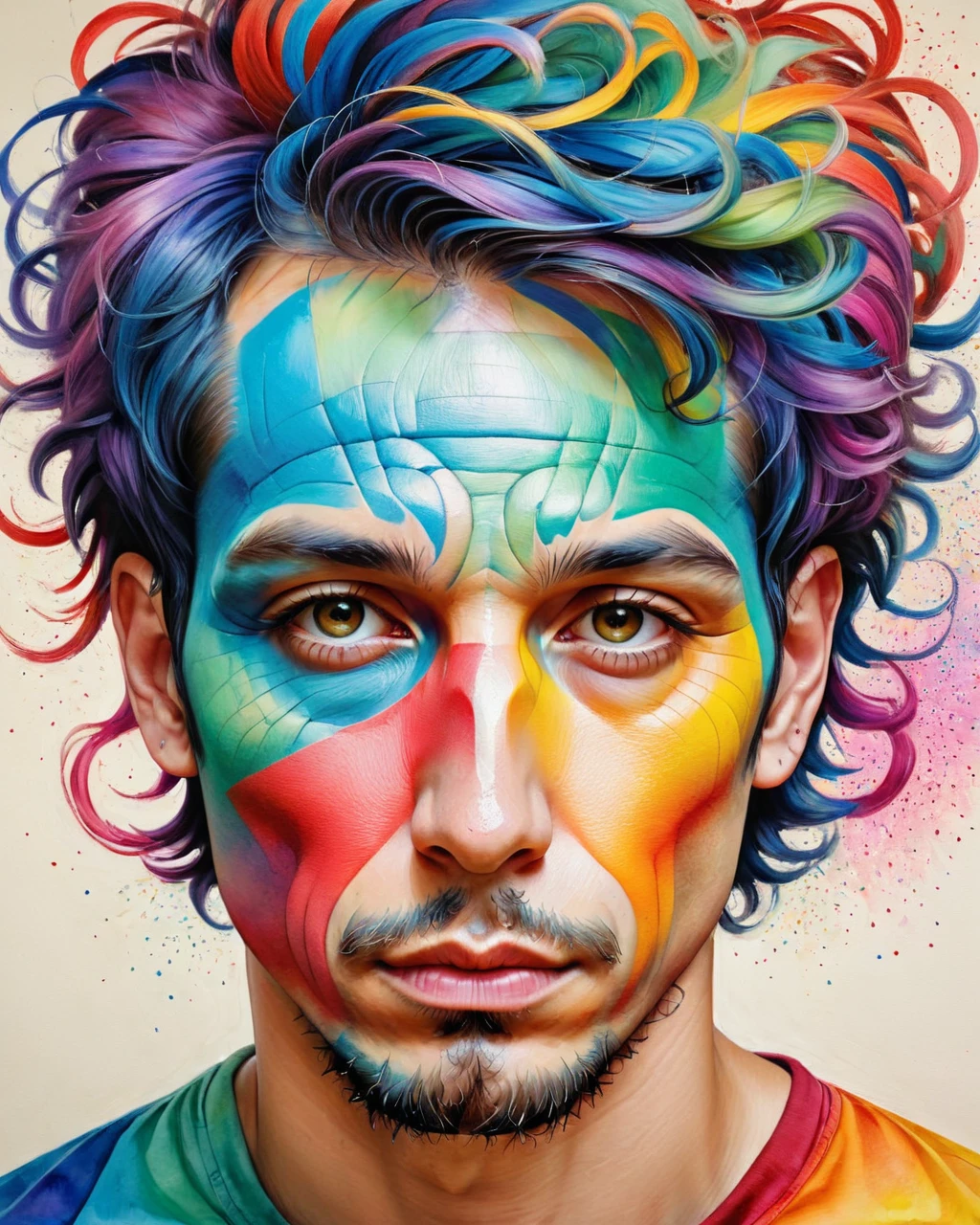 psychedelic style "a painting of a man with colorful paint on his face, detailed colorized portrait, portrait of a patchwork boy, David Mack •, colorized portrait, tattooed face, inspired by Hedi Xandt, Anton, high detailed portrait, colorful illustration, intricate heterochromatic sad, extremely detailed man, centered painted portrait, tattooed man, colourful drawing, extremely detailed portrait" . swirly vibrant colors, swirl patterns, abstract shapes, surreal, mind blowing