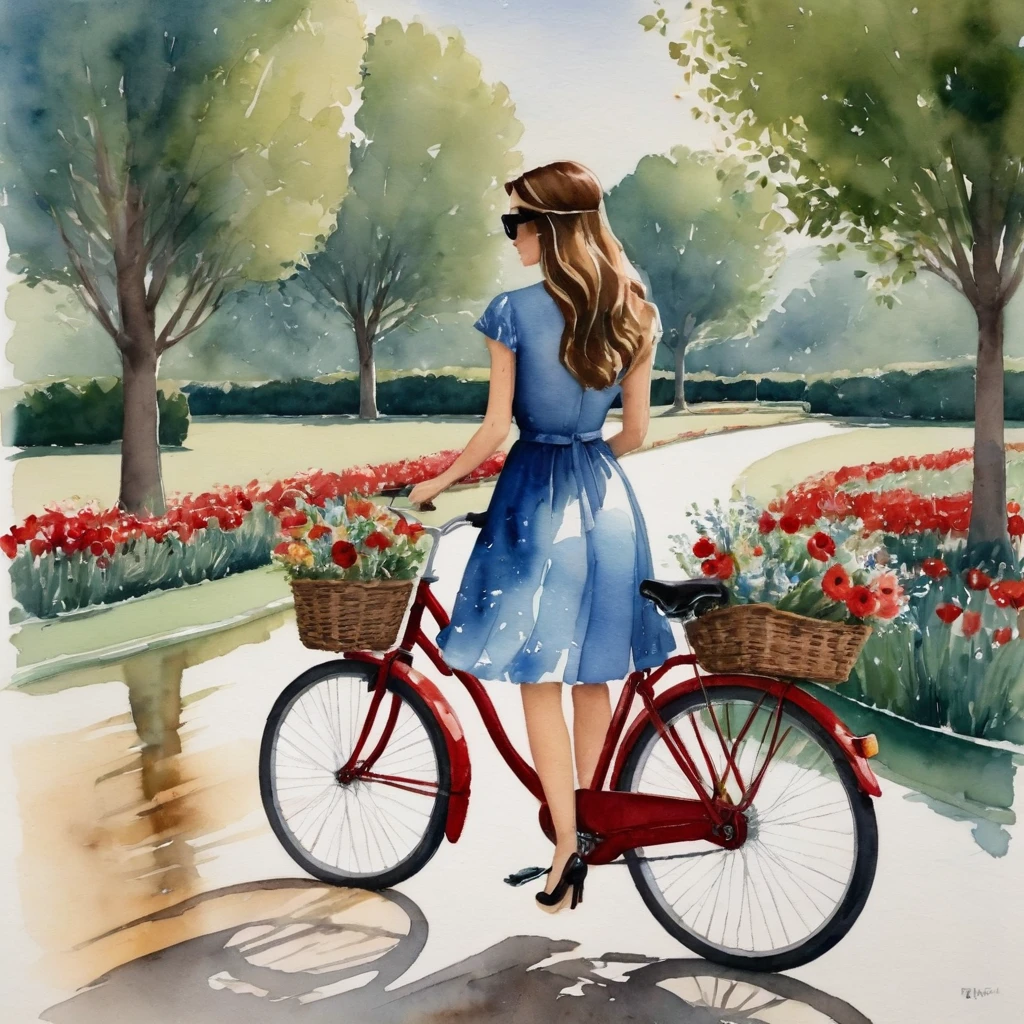 A watercolor painting shows a woman from behind, wearing a short blue dress and high-heeled shoes, walking alongside a red bicycle with a basket full of flowers. Her long brown hair is tied up with a bow, and she wears sunglasses. Her right hand rests in the basket, while her left holds a white book. The reflection of the bicycle and the woman appears in a puddle on the ground. In the background is a lush landscape of trees and grass with a path to the left.