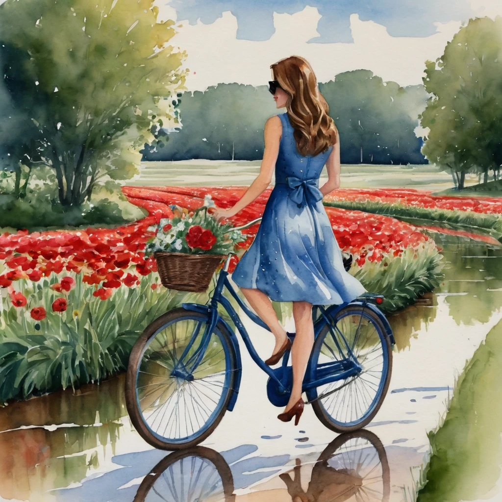 A watercolor painting shows a woman from behind, wearing a short blue dress and high-heeled shoes, walking alongside a red bicycle with a basket full of flowers. Her long brown hair is tied up with a bow, and she wears sunglasses. Her right hand rests in the basket, while her left holds a white book. The reflection of the bicycle and the woman appears in a puddle on the ground. In the background is a lush landscape of trees and grass with a path to the left.