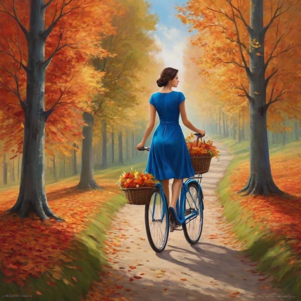 In the heart of a serene autumn forest, a young woman embarks on a journey. She is adorned in a vibrant blue dress that contrasts beautifully with the surrounding foliage. In her hands, she carries a basket brimming with fresh flowers, perhaps gathered from the very trees she passes. Her red bicycle, a striking color against the earthy tones of the forest, is her trusty companion on this journey. The path she treads is lined with fallen leaves, a testament to the changing seasons. The trees, their leaves a mix of green and orange, stand tall and proud, their branches reaching out as if to touch the sky. This tranquil scene captures the essence of autumn - a time of change and beauty.