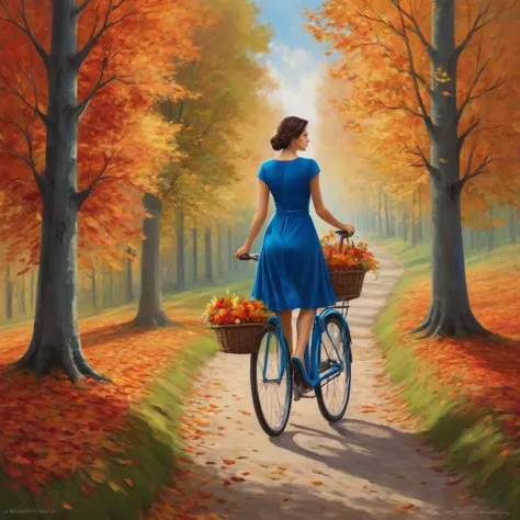 in the heart of a serene autumn forest, a young woman embarks on a journey. she is adorned in a vibrant blue dress that contrast...