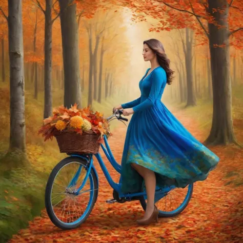 in the heart of a serene autumn forest, a young woman embarks on a journey. she is adorned in a vibrant blue dress that contrast...