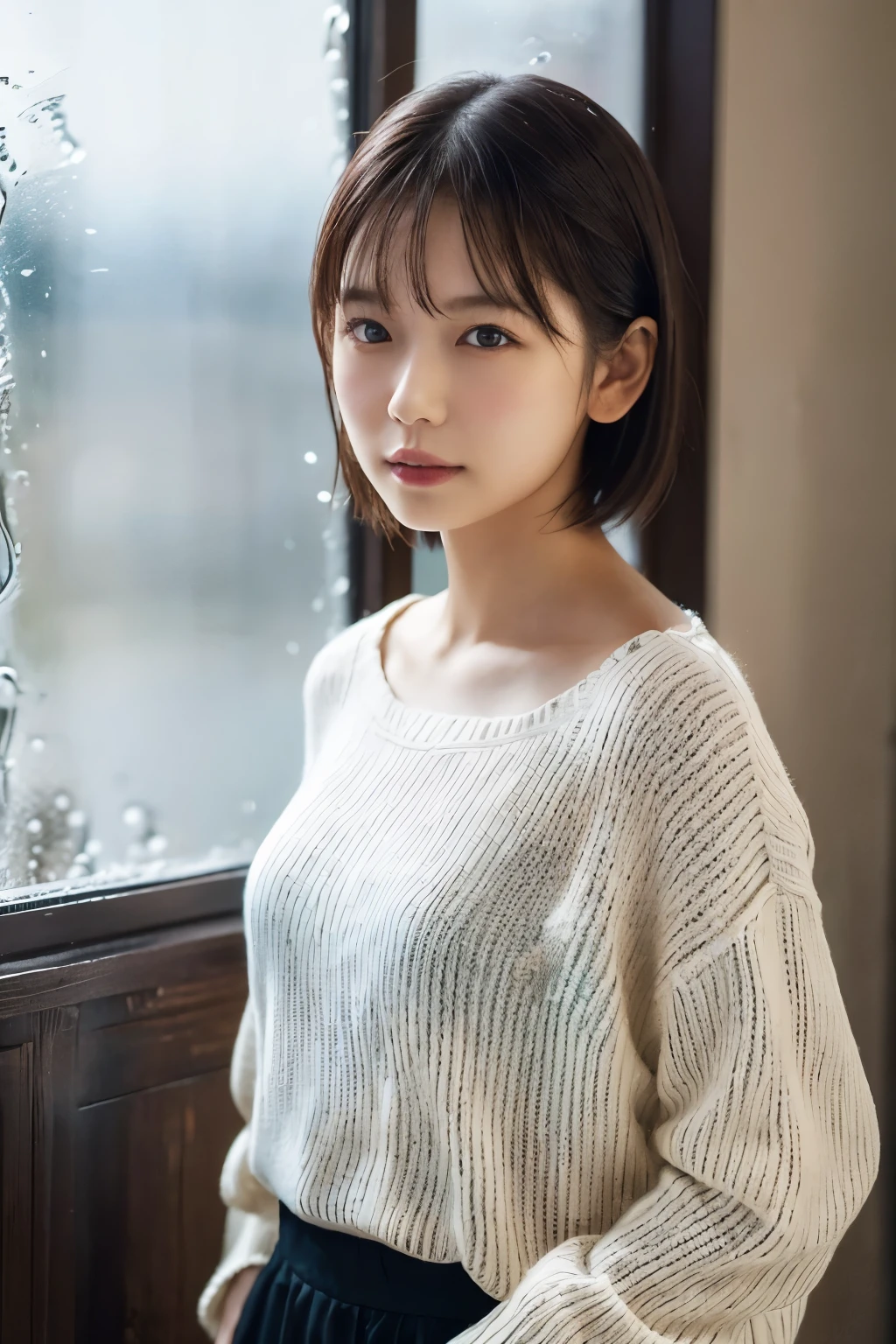 1 Girl, (Wearing a white summer sweater:1.2), Very beautiful Japanese idol portraits, 
(RAW Photos, Highest quality), (Realistic, Realistic:1.4), (masterpiece), 
Very delicate and beautiful, Very detailed, 2k wallpaper, wonderful, finely, Very detailed CG Unity 8K 壁紙, Very detailed, High resolution, Soft Light, 
Beautiful detailed girl, Very detailed目と顔, Beautiful and sophisticated nose, finelyて美しい目, Cinema Lighting, 
(I am doing gravure shoots for fashion magazines.:1.3), (indoor), (Staring out the window on a rainy day:1.3),
(short hair), 
Complete Anatomy, Slender body, Small breasts, 