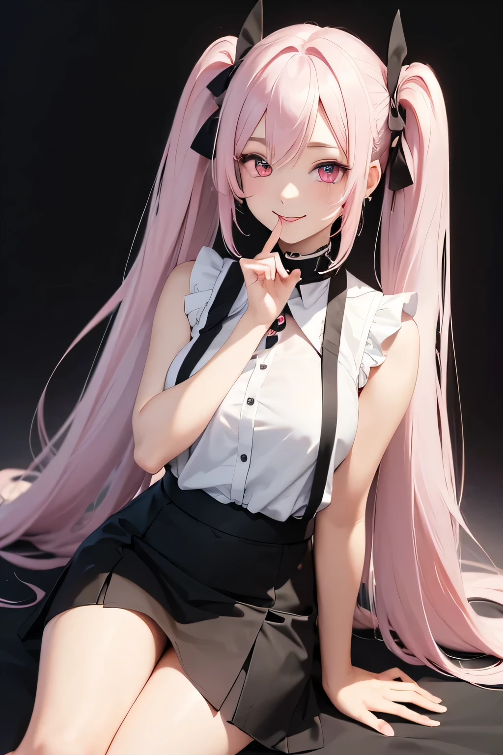 Masterpiece, best quality, 1 girl, anime character style, pink eyes, long white hair, twintail hairstyle, white sleeveless shirt and black skirt, with a smiling expression and