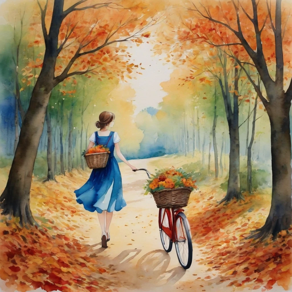 anime girl,A watercolor painting In the heart of a serene autumn forest, a young girl embarks on a journey. She is adorned in a vibrant blue dress that contrasts beautifully with the surrounding foliage. In her hands she carries a basket full of fresh flowers, perhaps picked from the trees she passes by. Your red bicycle, with a striking color in contrast to the earthy tones of the forest, is your faithful companion on this journey. The path she walks is lined with fallen leaves, a testament to the changing seasons. The trees, with leaves in a mix of green and orange, are tall and proud, their branches reaching out as if touching the sky. This tranquil scene captures the essence of autumn – a time of change and beauty.