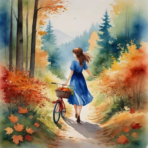 anime girl,a watercolor painting in the heart of a serene autumn forest, a young girl embarks on a journey. she is adorned in a ...