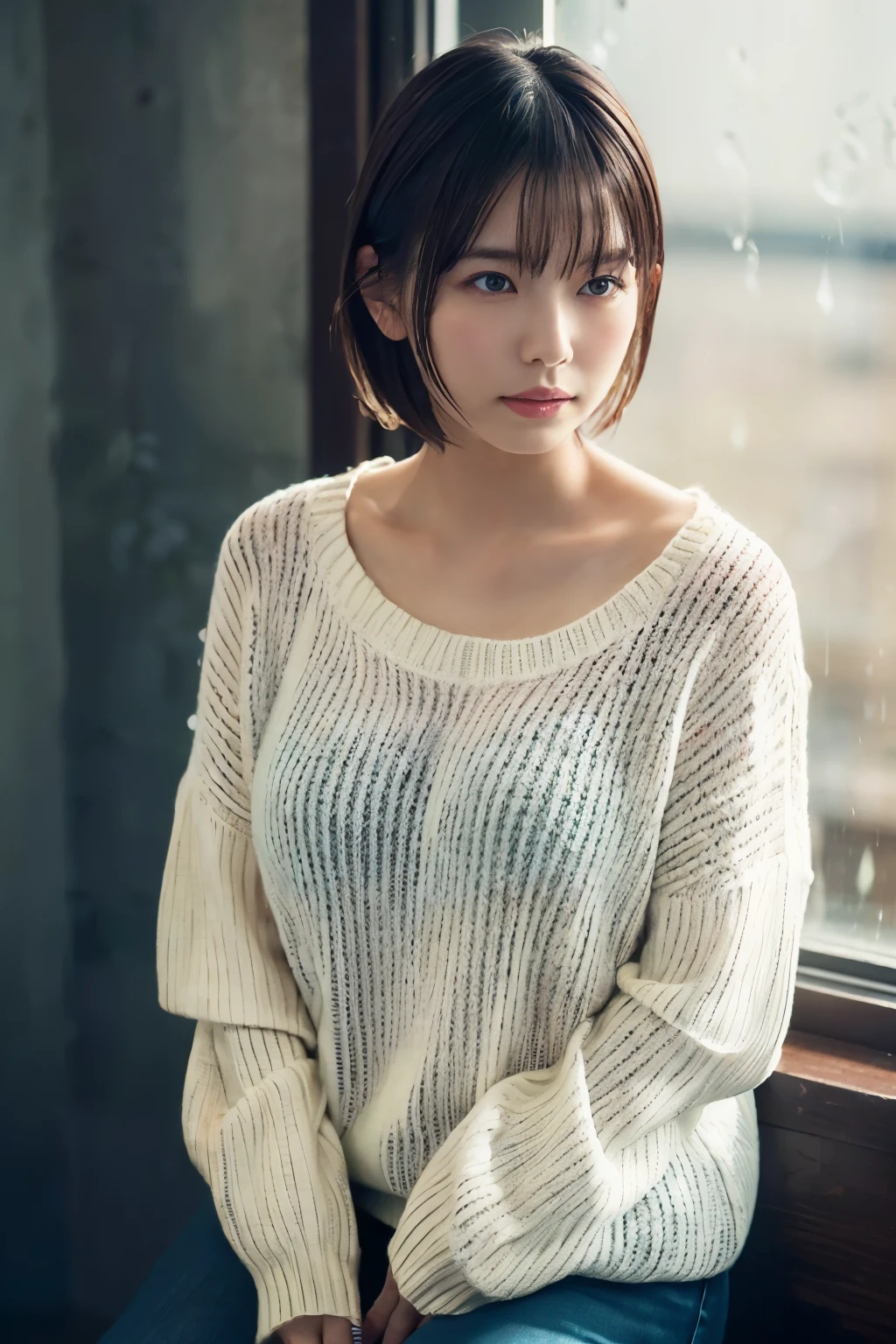 1 Girl, (Wearing a white summer sweater:1.2), Very beautiful Japanese idol portraits, 
(RAW Photos, Highest quality), (Realistic, Realistic:1.4), (masterpiece), 
Very delicate and beautiful, Very detailed, 2k wallpaper, wonderful, finely, Very detailed CG Unity 8K 壁紙, Very detailed, High resolution, Soft Light, 
Beautiful detailed girl, Very detailed目と顔, Beautiful and sophisticated nose, finelyて美しい目, Cinema Lighting, 
(I am doing gravure shoots for fashion magazines.:1.3), (indoor), (Staring out the window on a rainy day:1.3),
(short hair), 
Complete Anatomy, Slender body, Small breasts, 