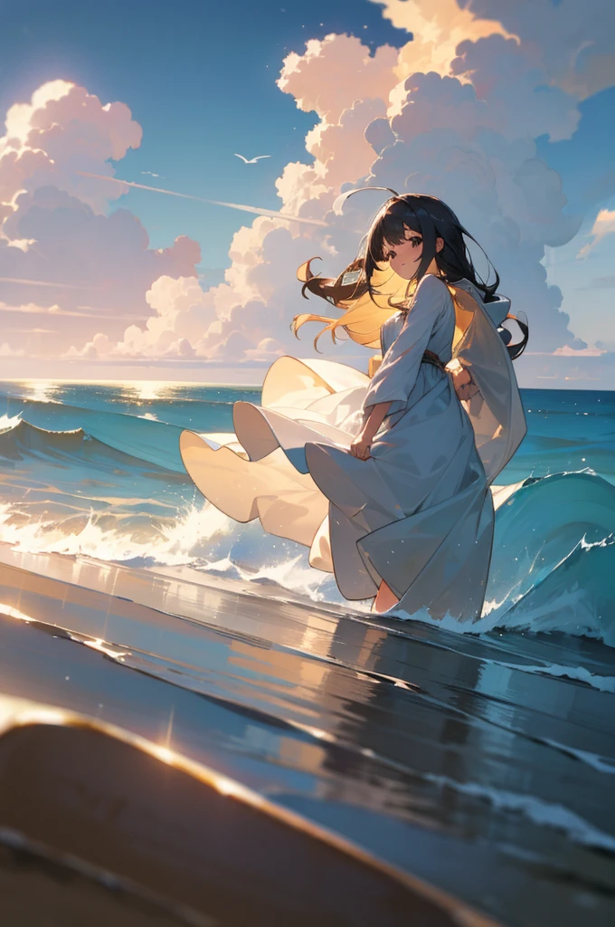 masterpiece, highres, beautiful landscape, high detailed, 1 girl, mid-ground character, beach, studio light, depth of field. The girl stands on the beach with her colorful umbrella, looks at viewer with a smile. She ưears a white beautiful dress, her hair blows in the wind. The landscape is peaceful and serene. Mildly clouds, floating clouds, light clouds, billowing clouds. The sunlight glistens on the surface of the sea. The waves of the sea gently lap against the shore, creating a serene and soothing sound.