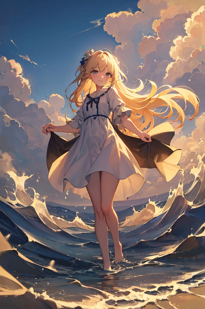 masterpiece, highres, beautiful landscape, high detailed, 1 girl, mid-ground character, beach, studio light, depth of field. The girl stands on the beach with her colorful umbrella, looks at viewer with a smile. She ưears a white beautiful dress, her hair blows in the wind. The landscape is peaceful and serene. Mildly clouds, floating clouds, light clouds, billowing clouds. The sunlight glistens on the surface of the sea. The waves of the sea gently lap against the shore, creating a serene and soothing sound.