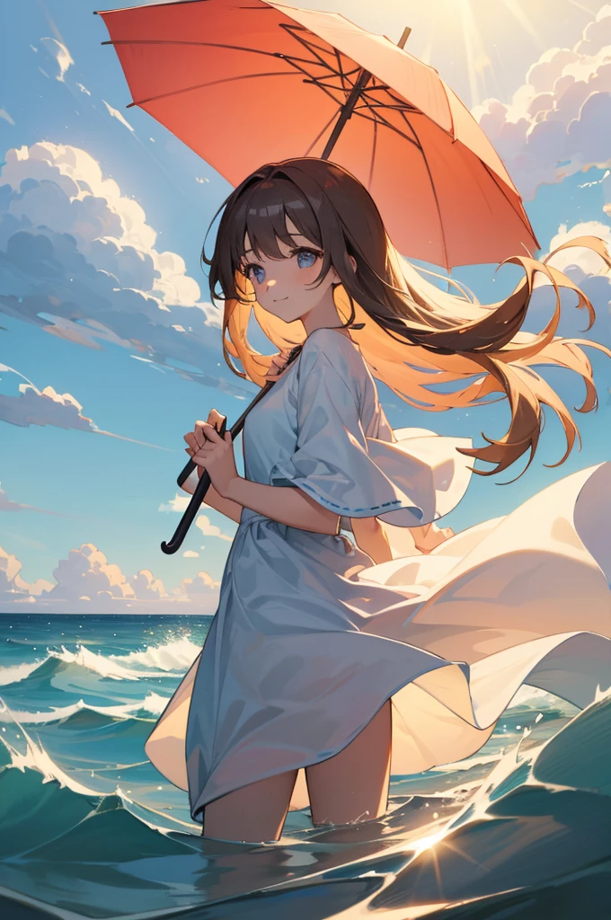 chef-d&#39;œuvre, haute résolution, Beau paysage, très détaillé, 1 fille, Caractère intermédiaire, plage, lumière de studio, profondeur de champ. The girl stands on the plage with her  colorful umbrella, regarde le spectateur avec un sourire. Elle porte une belle robe blanche, tient un parapluie, ses cheveux flottent au vent. Le paysage est paisible et serein. légèrement nuages, nuages flottants, Nuages légers, nuages gonflés. La lumière du soleil scintille à la surface de la mer. Les vagues de la mer viennent doucement caresser le rivage, créant un son serein et apaisant.