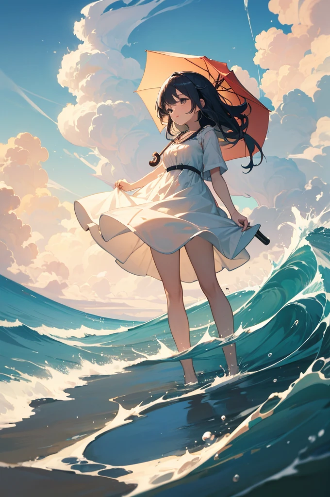 masterpiece, highres, beautiful landscape, high detailed, 1 girl, mid-ground character, beach, studio light, depth of field. The girl stands on the beach with her  colorful umbrella, looks at viewer with a smile. She wears a white beautiful dress, holds a umbrella, her hair blows in the wind. The landscape is peaceful and serene. Mildly clouds, floating clouds, light clouds, billowing clouds. The sunlight glistens on the surface of the sea. The waves of the sea gently lap against the shore, creating a serene and soothing sound.