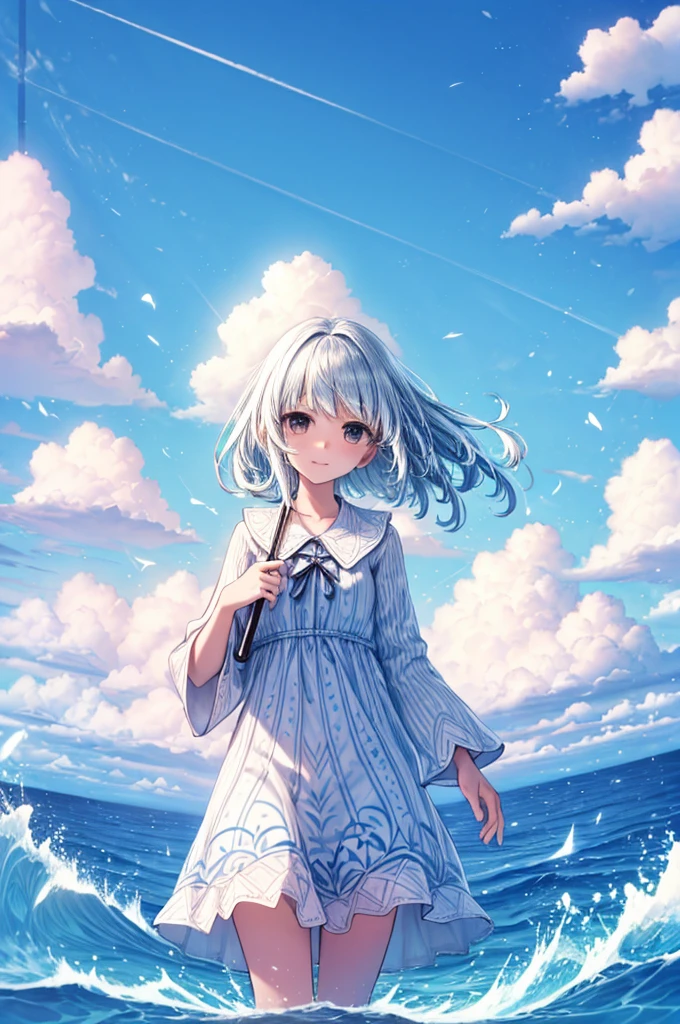 masterpiece, highres, beautiful landscape, high detailed, 1 girl, mid-ground character, beach, studio light, depth of field. The girl stands on the beach with her  colorful umbrella, looks at viewer with a smile. She wears a white beautiful dress, holds a umbrella, her hair blows in the wind. The landscape is peaceful and serene. Mildly clouds, floating clouds, light clouds, billowing clouds. The sunlight glistens on the surface of the sea. The waves of the sea gently lap against the shore, creating a serene and soothing sound.