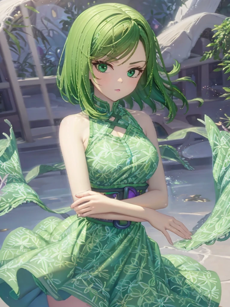 1girl, solo, beautiful girl, green skin, green eyes, big eyes, long eyelashes, green hair, short hair, shiny hair, medium breasts, green dress, strapless dress, floral print dress, green belt, purple scarf, green leggins, looking at viewer, bare arms, bare shoulders, disgust face, narrow waist, big butt, covered nipples, violet lips, lip gloss, perfect hands, perfect anatomy,