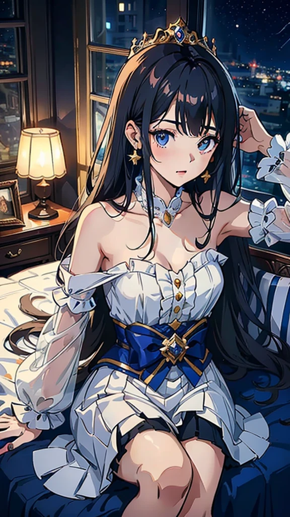 Group of young princesses, (In the bedroom), Mr.々Hair style, Harem, Wearing a royal dress, night, Detailed face, , Short skirt, Lure, No sleeve , Show me your armpits, night, starry night