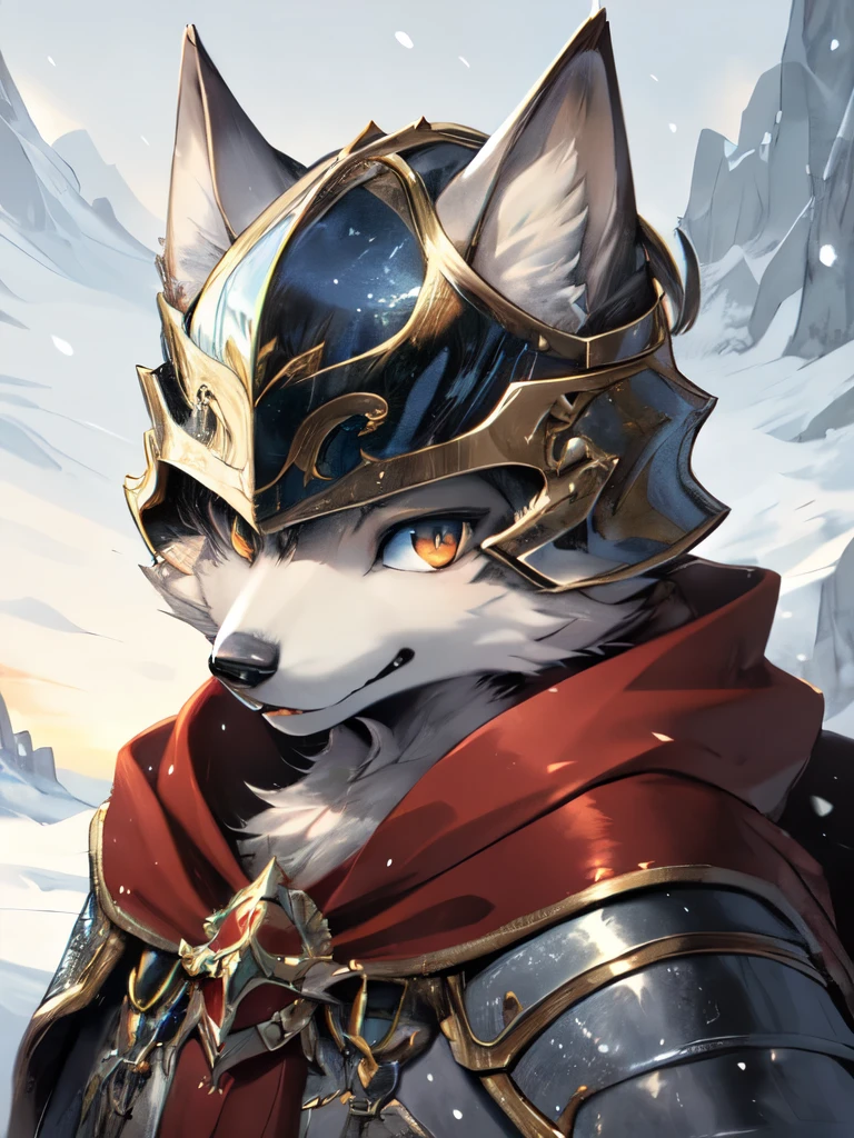  1 person, 8k Werewolf Portrait, Arctic fox, Arctic fur is as white as snow，Paladin, helmet，Red Cape, complex, Very detailed, number, Smooth, Clear focus, illustration, ((masterpiece))，Yoshitaka Amano