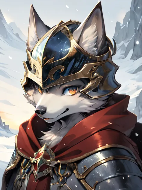 1 person, 8k werewolf portrait, arctic fox, arctic fur is as white as snow，paladin, helmet，red cape, complex, very detailed, num...