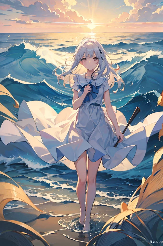 masterpiece, highres, beautiful landscape, high detailed, 1 girl, mid-ground character, beach, studio light, depth of field. The girl stands on the beach with her colorful umbrella, looks at viewer with a smile. She ưears a white beautiful dress, her hair blows in the wind. The landscape is peaceful and serene. Mildly clouds, floating clouds, light clouds, billowing clouds. The sunlight glistens on the surface of the sea. The waves of the sea gently lap against the shore, creating a serene and soothing sound.