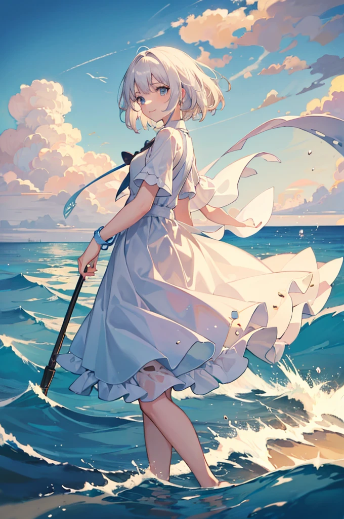 masterpiece, highres, beautiful landscape, high detailed, 1 girl, mid-ground character, beach, studio light, depth of field. The girl stands on the beach with her colorful umbrella, looks at viewer with a smile. She ưears a white beautiful dress, her hair blows in the wind. The landscape is peaceful and serene. Mildly clouds, floating clouds, light clouds, billowing clouds. The sunlight glistens on the surface of the sea. The waves of the sea gently lap against the shore, creating a serene and soothing sound.