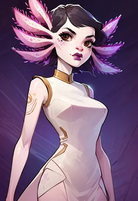 Stylized comic art style, female anthropomorphic axolotl, she has a very beautiful face with a serious expression, she has white...