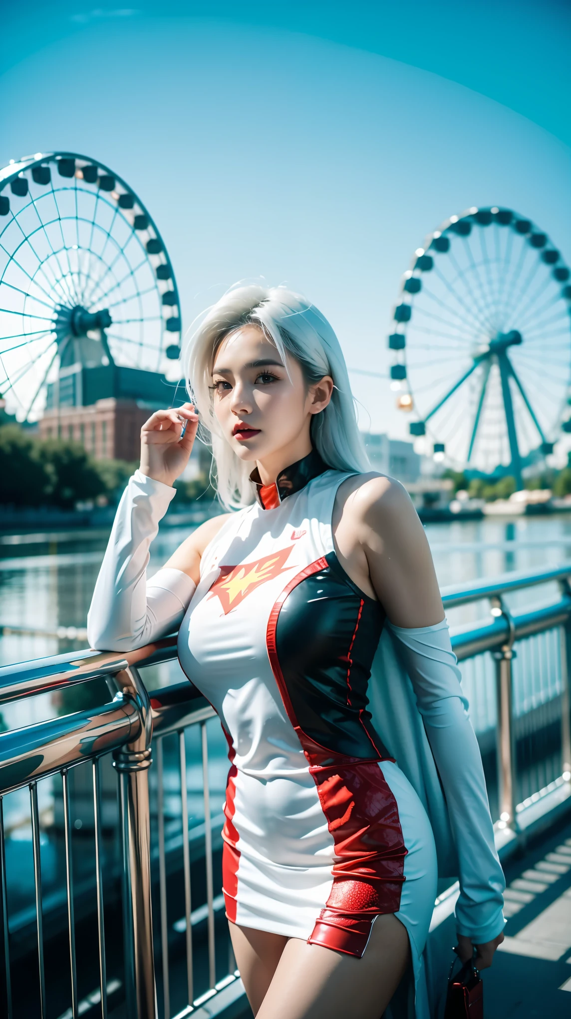 Best quality，masterpiece，16K，A girl，Wearing a tight superhero costume，White hair，Brown eyes，Delicate face，Big breasts，Dynamic poses，Girl Pose，Looking at the camera，Upper Body，Above the knee，Ferris wheel，river，Metal fence on the shore，Leaning against the fence