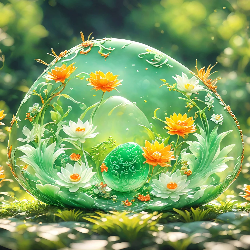 best quality, very good, 16K, ridiculous, Extremely detailed, charming(((Egg:1.3)))，Made of translucent jade, Background grassland（（A masterpiece full of fantasy elements）））， （（best quality））， （（Intricate details））（8K）