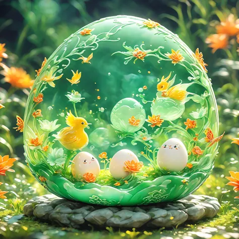 best quality, very good, 16K, ridiculous, Extremely detailed, charming(((Egg:1.3)))，Made of translucent jade, Background grassla...