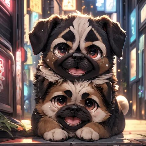 in the city、1 pug puppy、（（（round black fur on forehead:1.3）））、（（（tears:3.0）））