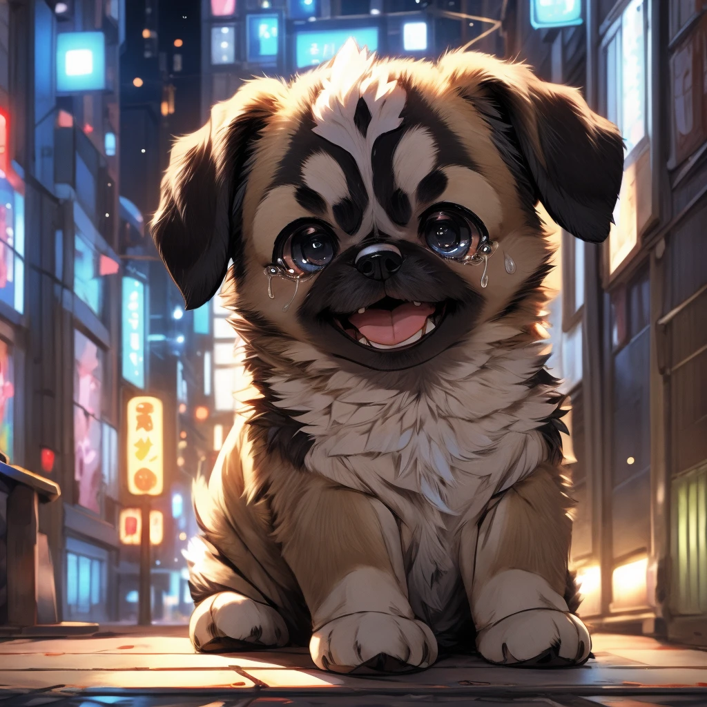 In the city、1 Pug puppy、（（（Round black fur on forehead:1.3）））、（（（Tears:3.0）））