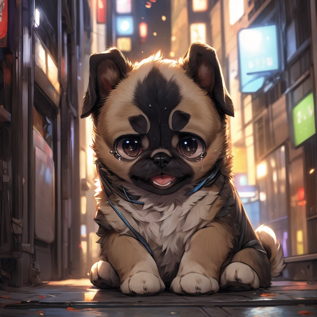 In the city、1 Pug puppy、（（（Round black fur on forehead:1.3）））、（（（Tears:3.0）））