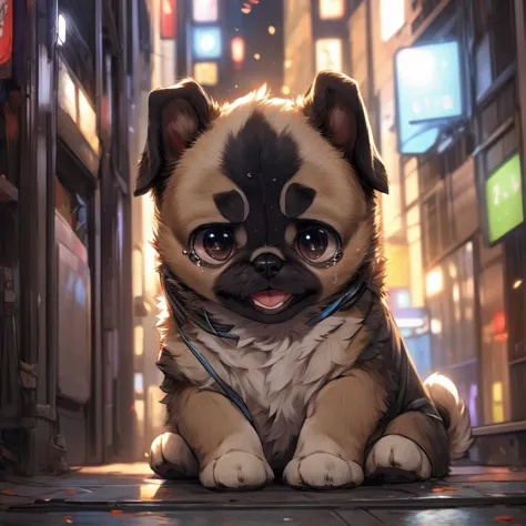 in the city、1 pug puppy、（（（round black fur on forehead:1.3）））、（（（tears:3.0）））