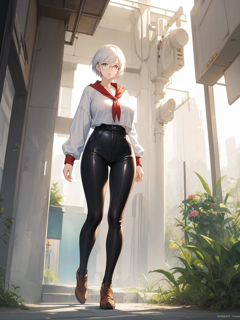 Art conceptuel du personnage d’anime, jeune femme, 21 ans, cheveux courts blancs, Lunettes, seins énormes, Chemise de mode blanche, pull ouvert marron, leggings, Tout le corps, deux poses