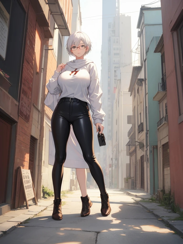 Art conceptuel du personnage d’anime, jeune femme, 21 ans, cheveux courts blancs, Lunettes, seins énormes, Chemise de mode blanche, pull ouvert marron, leggings, Tout le corps, deux poses