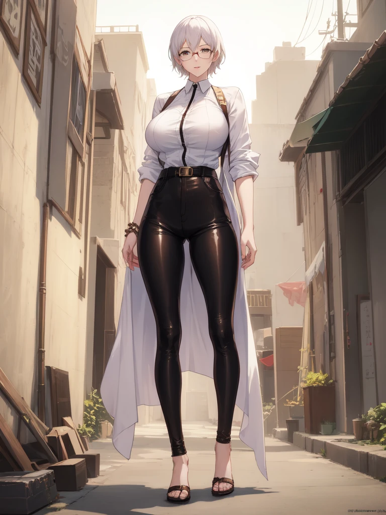 Concept art of anime character, young woman, 21 years old, white short hair, glasses, huge breasts, white fashion shirt, brown open sweater, leggings, full body, two poses