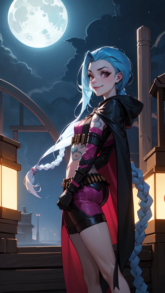 ((best quality)), ((highy detailed)), artwork, , (1 girl), (standing alone), dynamic pose, cowboy shot, (((very wide shot))), Jinx \(League of Legends\), hair blue, ((very long hair)), twin braids, pink eyes, tattoo's, breasts small, he used to smile, ((Hooded cape, long sleeves)), gym shorts, (out, in a temple, the night, night sky, stele, fullmoon, Hurricane)