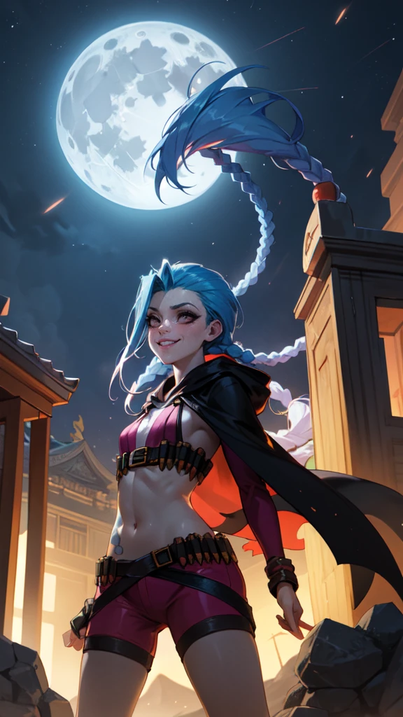 ((best quality)), ((highy detailed)), artwork, , (1 girl), (standing alone), dynamic pose, cowboy shot, (((very wide shot))), Jinx \(League of Legends\), hair blue, ((very long hair)), twin braids, pink eyes, tattoo's, breasts small, he used to smile, ((Hooded cape, long sleeves)), gym shorts, (out, in a temple, the night, night sky, stele, fullmoon, Hurricane)