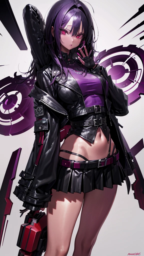 adult woman, black skin, long purple hair, red eye, Purple top, leather jacket, Leather miniskirt, wide hips, narrow waists, open abdomen, open breasts, black lipstick, ​masterpiece, high quality, perfect fingers, perfect limbs