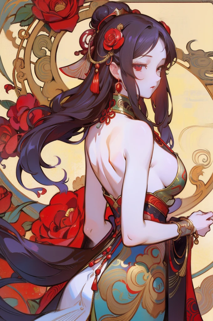 There is a woman's back in ancient China, back of the head, (only), (bare back tattoo), beautiful red eyes, detailed face, like a dream, red and gold flowers, Ukiyo style, artwork style Guwitz. , Guviz, Alphonse Mucha and Rose Drews, a beautiful artistic illustration, author: Li Song, author: heroes, author: Zou Zhe, by Zeng Jing, by Ye Xin, author: Shitao, author: Zhou Fang, Korean art nouveau anime, long loose hair, geisha clothes, Big breasts.