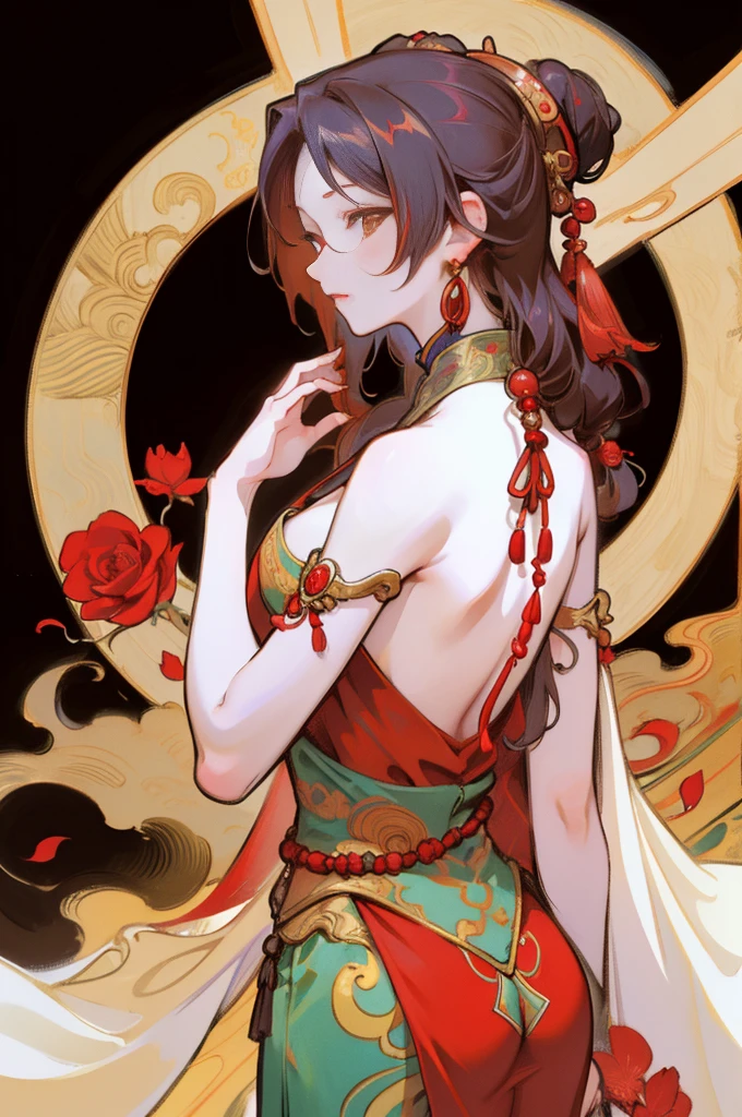 There is a woman's back in ancient China, back of the head, (only), (bare back tattoo), beautiful red eyes, detailed face, like a dream, red and gold flowers, Ukiyo style, artwork style Guwitz. , Guviz, Alphonse Mucha and Rose Drews, a beautiful artistic illustration, author: Li Song, author: heroes, author: Zou Zhe, by Zeng Jing, by Ye Xin, author: Shitao, author: Zhou Fang, Korean art nouveau anime, long loose hair, geisha clothes, Big breasts.