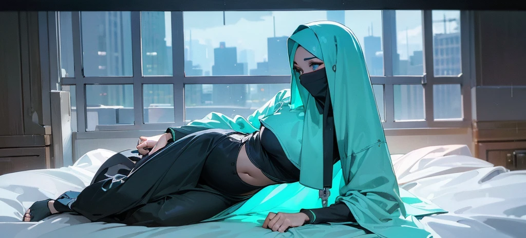 ((Best quality, 8k, Masterpiece :1.3)), Full body, Sharp focus :1.2, Beautiful woman with perfect figure :1.4, Slender stomach :1.2, ((cyan, and black hair)), body dress : 1.1 , ( Night city view, large windows, rain outside, Bedroom :1.1), Highly detailed facial and skin textures, Detailed eyes, Double eyelids, large breasts, Muslim clothing, hijab, Interior Scene, Office, restrained, Closed, dark space, cloudy clouds, Covering the intimate parts