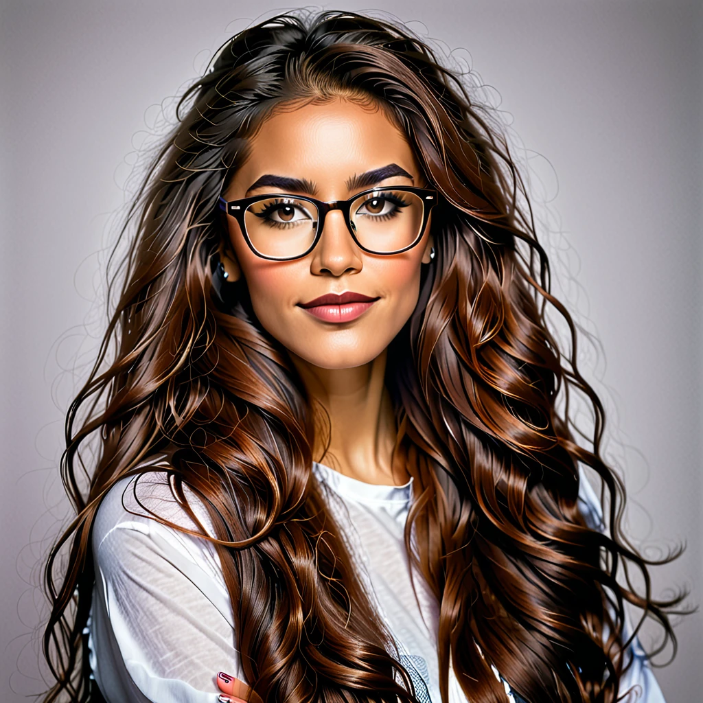 
femme barbue, longs cheveux bruns crépus, porte des lunettes, geek nerd