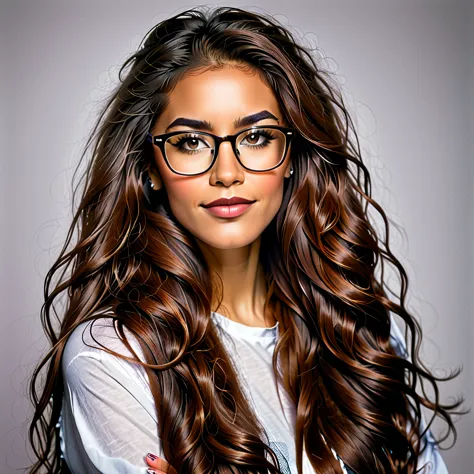 
bearded woman, long frizzy brown hair, wears glasses, geek nerd