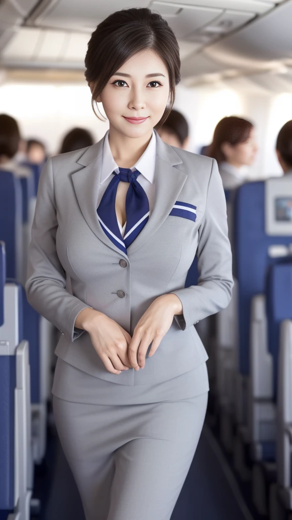 Tabletop, Highest quality, Realistic, Ultra-detailed, finely, High resolution, 8K Wallpaper, Mature Woman,（Beautiful Japanese flight attendants over 75 years old:2.1）、（Full body shot on an airplane:1.5）、(Standing in the aisle of an airplane:1.5)、（A grey suit and skirt over a light blue shirt:2.5)、(Flight attendant uniform:1.3)（Hair tied back in an updo:1.6）、（Fine lines around the eyes:2.9）,（Super big breasts:1.6）(Saggy big breasts:1.3),（Old face:2.8）、(Voluptuous figure:1.2),Sharp focus, Perfect dynamic composition, Beautiful and fine details, Fine hair, Detailed and realistic skin texture, smile, Close-up portrait, 
