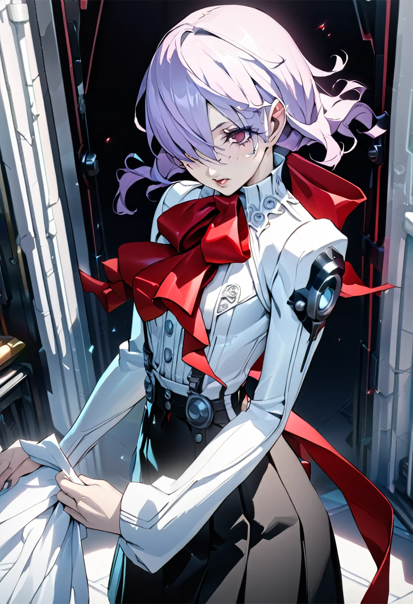 (best quality, ultra-detailed, illustration, an extremely delicate and beautiful, anime:1.2), (master piece:1.3), kirijodef, hair over one eye, gekkoukan high , white shirt, long sleeves, red bow, black skirt