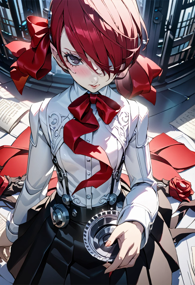 (best quality, ultra-detailed, illustration, an extremely delicate and beautiful, anime:1.2), (master piece:1.3), kirijodef, hair over one eye, gekkoukan high , white shirt, long sleeves, red bow, black skirt