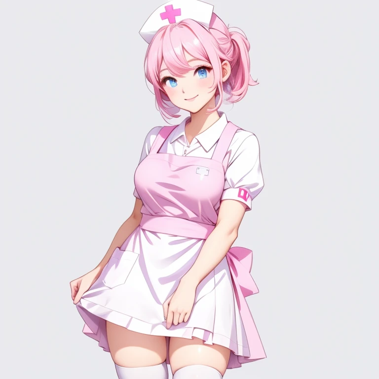 1 chica, solo, enfermero, enfermero cap, vestido rosa con cuello, Delantal blanco, ((calzas blancas, zettai ryouiki)), guantes blancos, Cabello rosado, blue eyes, ojos caídos, sonrisa, de pie, contorno nítido, mangas cortas, fondo gris, fondo sencillo, mejor calidad, obra maestra