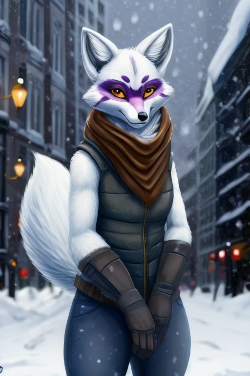 Alopex, arcticfox, tmnt, orange eyes, girl1, solo, snow, city, brown scarf